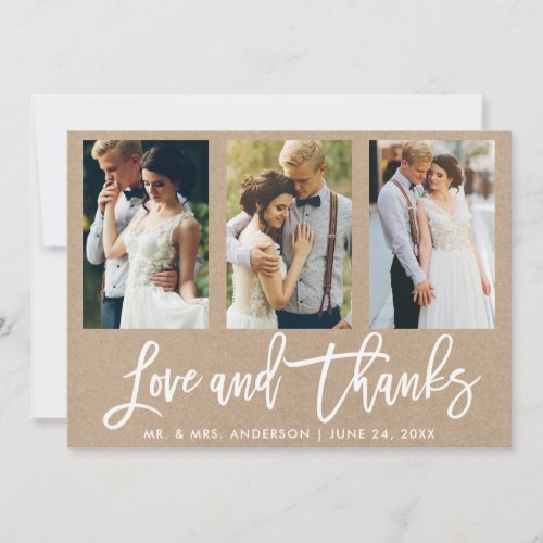 Brush Script 3 Photo Wedding Love Thanks Kraft Thank You Card