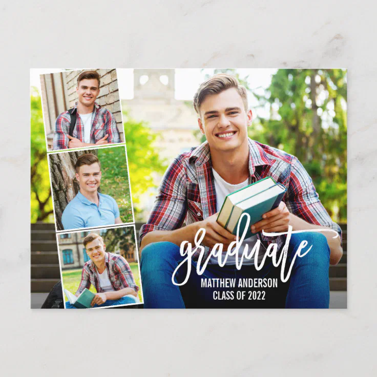 Brush Script 4 Photo Graduation Announcement Postcard | Zazzle