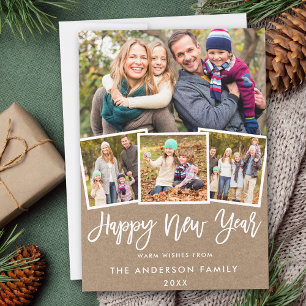 Brush Script 4 Photo New Year Kraft Holiday Card