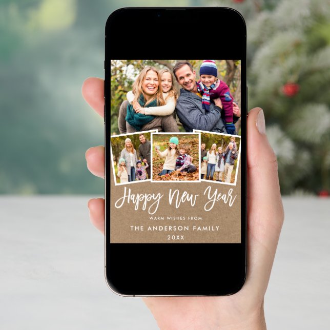 Brush Script 4 Photo New Year Kraft Holiday Card (Front Digital)