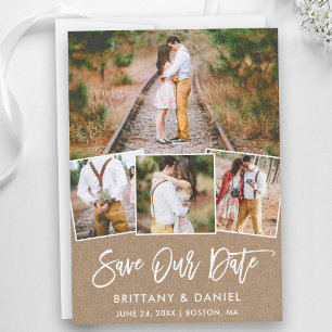 Brush Script 4 Photo Save Our Date Kraft Card