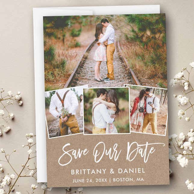 Brush Script 4 Photo Save Our Date Kraft Card (Customize to add text or more photos to back of card.)