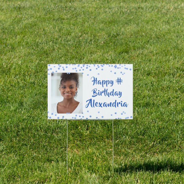 Brush Script ANY Birthday Blue Confetti Photo Sign (Insitu)
