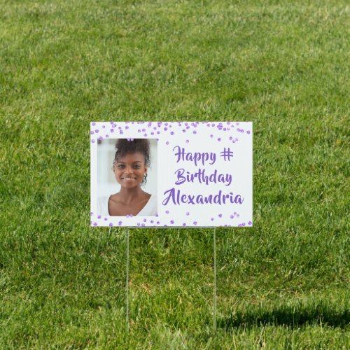 Brush Script ANY Birthday Purple Confetti Photo Sign - Celebrate any age birthday with this personalized photo sign with wishes for a HAPPY # BIRTHDAY. Modern, chic design with a purple confetti border and purple brush script font which can be changed to a different font style or color to coordinate with your party theme. PHOTO TIP:  For fastest/best results, choose a photo with the subject in the middle and/or pre-crop it to a similar shape as shown BEFORE uploading. The design is duplicated on the back side and you may use two different photos if desired. Contact the designer via Zazzle Chat or makeitaboutyoustore@gmail.com if you'd like this design modified or on another product.