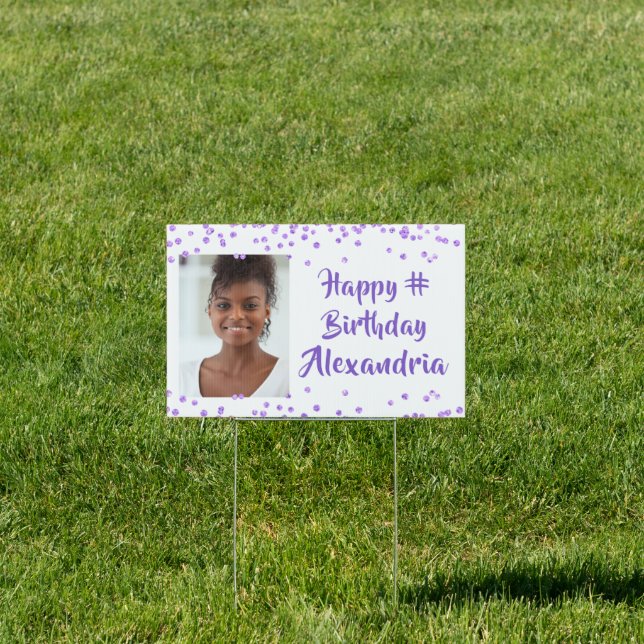Brush Script ANY Birthday Purple Confetti Photo Sign (Insitu)