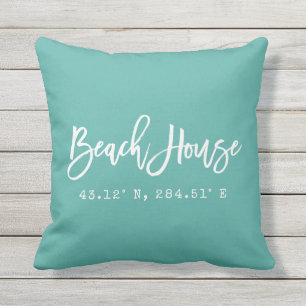 Brush Script Beach House Your Coordinates Outdoor Pillow