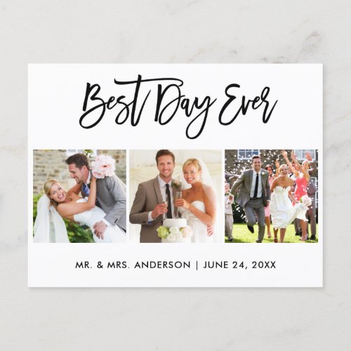 Brush Script Best Day Ever Wedding 3 Photo Postcard