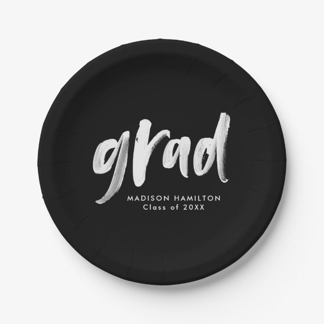 Brush Script Black Graduation Paper Plates (Front)