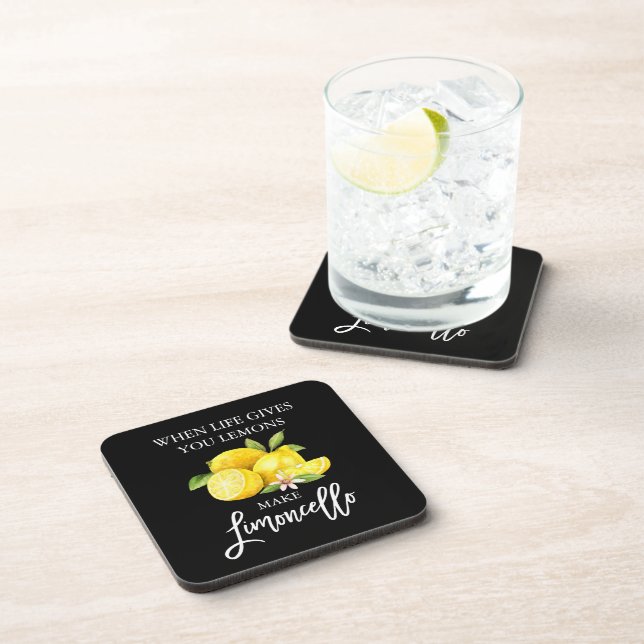 Brush Script Black Watercolor Lemons Limoncello Beverage Coaster (Right Side)