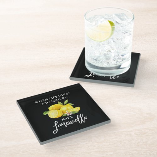 Brush Script Black Watercolor Lemons Limoncello Glass Coaster