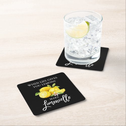 Brush Script Black Watercolor Lemons Limoncello Square Paper Coaster