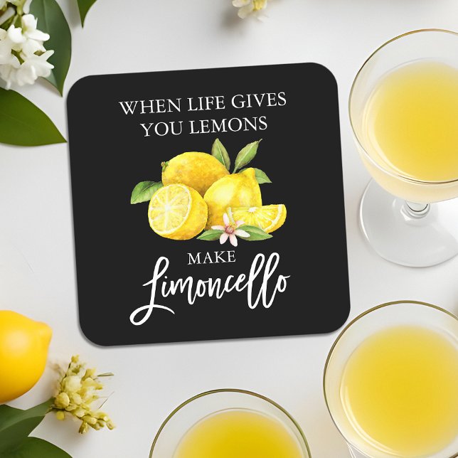 Brush Script Black Watercolor Lemons Limoncello Square Paper Coaster (Customize to change your personalized text size, text style or background color.)
