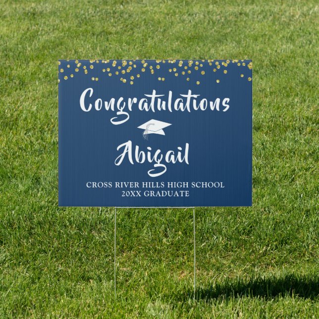 Brush Script Blue and Gold Confetti Graduation Sign (Insitu)