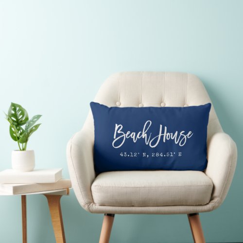 Brush Script Blue Beach House Your Coordinates Lumbar Pillow