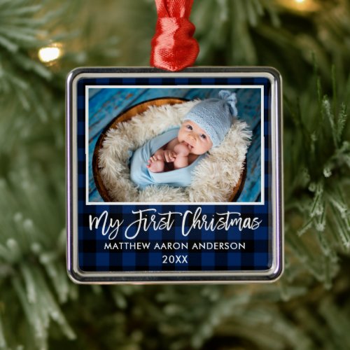 Brush Script Blue Plaid Baby First Christmas Metal Ornament