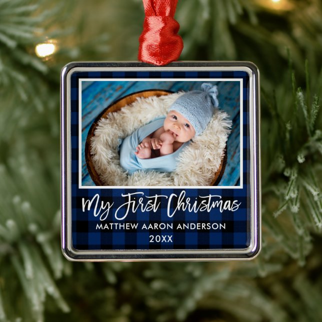 Brush Script Blue Plaid Baby First Christmas Metal Ornament (Tree)