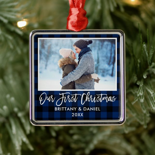Brush Script Blue Plaid Couple First Christmas Metal Ornament (Tree)