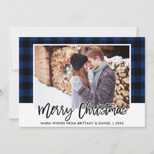 Brush Script Blue Plaid Couple Photo Christmas Holiday Card