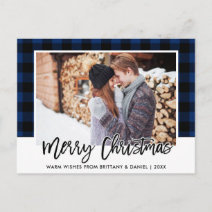 Brush Script Blue Plaid Couple Photo Christmas Postcard