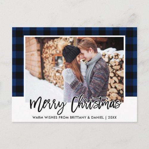 Brush Script Blue Plaid Couple Photo Christmas Postcard