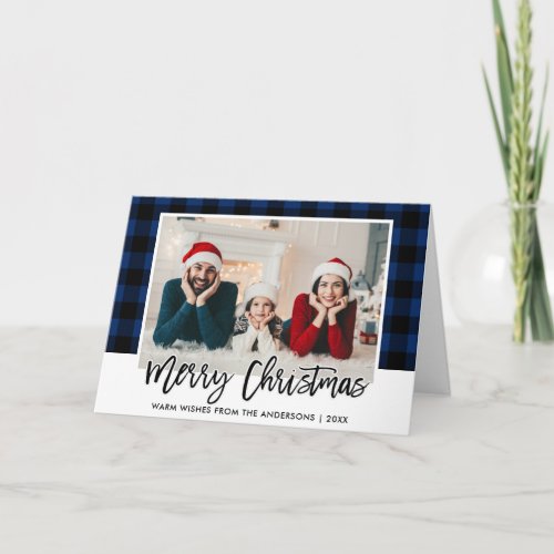 Brush Script Blue Plaid Family Photo Christmas Holiday Card