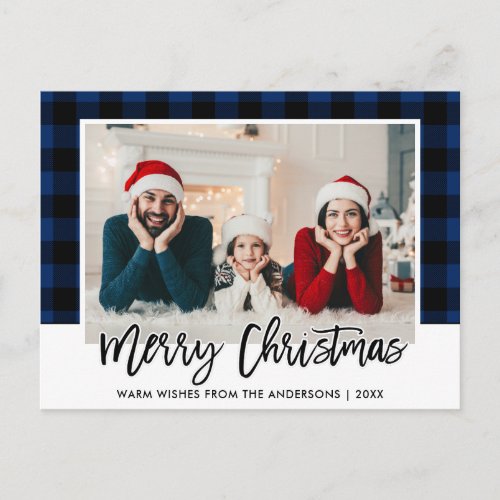 Brush Script Blue Plaid Family Photo Christmas Postcard