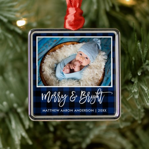 Brush Script Blue Plaid Merry and Bright Baby Metal Ornament