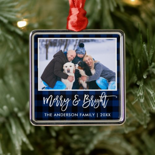 Brush Script Blue Plaid Merry and Bright Family Metal Ornament