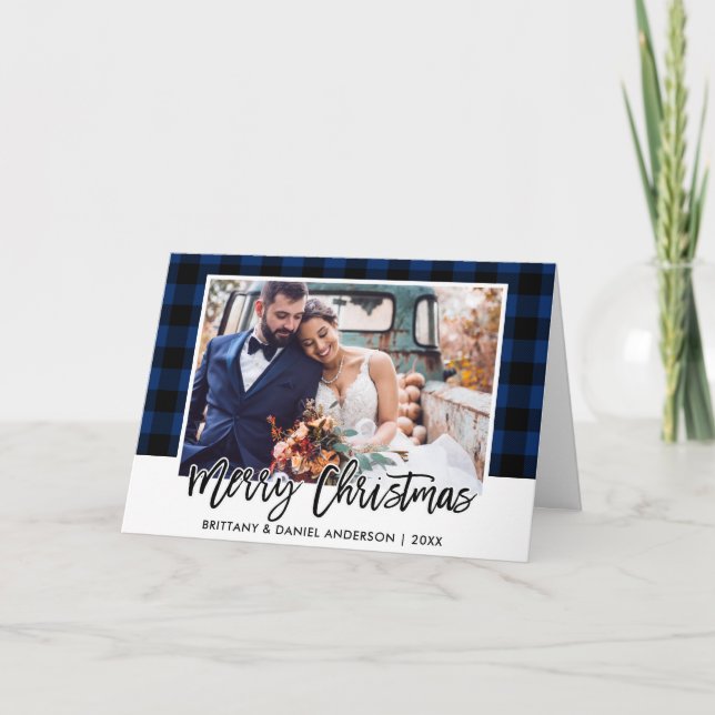 Brush Script Blue Plaid Wedding Photo Christmas Holiday Card (Front)