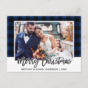 Brush Script Blue Plaid Wedding Photo Christmas Postcard
