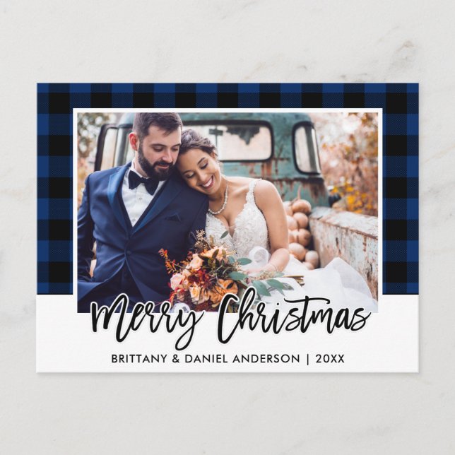 Brush Script Blue Plaid Wedding Photo Christmas Postcard (Front)