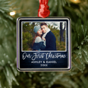 Brush Script Blue Wood Couple Our First Christmas Metal Ornament