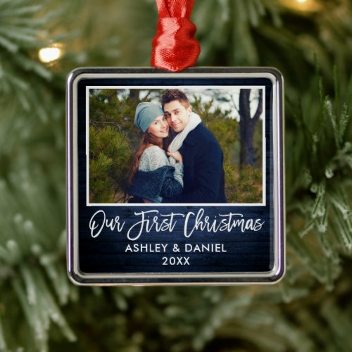 Brush Script Blue Wood Couple Our First Christmas Metal Ornament