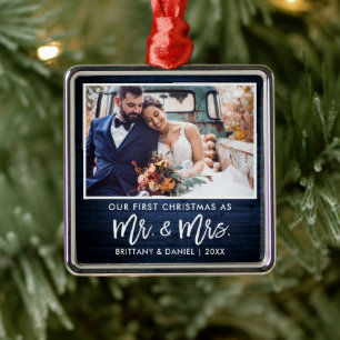 Brush Script Blue Wood First Christmas Mr. Mrs. Metal Ornament