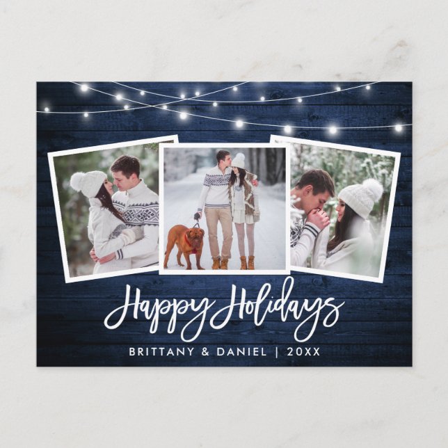 Brush Script Blue Wood Lights 3 Photo Holiday Postcard (Front)