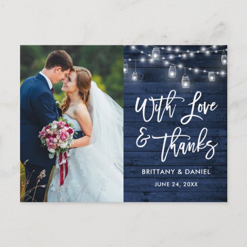 Brush Script Blue Wood Lights Love Thanks Wedding Postcard