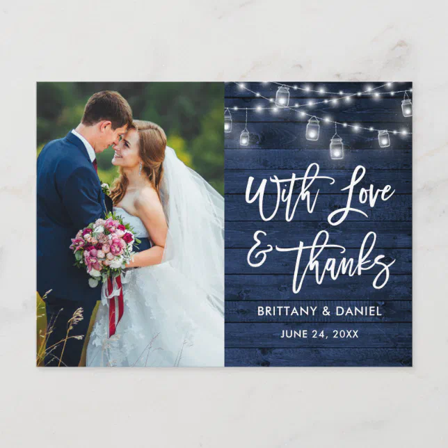 Brush Script Blue Wood Lights Love Thanks Wedding Postcard | Zazzle