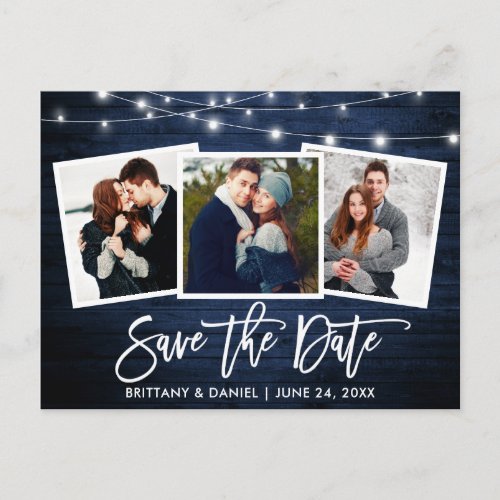 Brush Script Blue Wood Lights Photo Save The Date Postcard