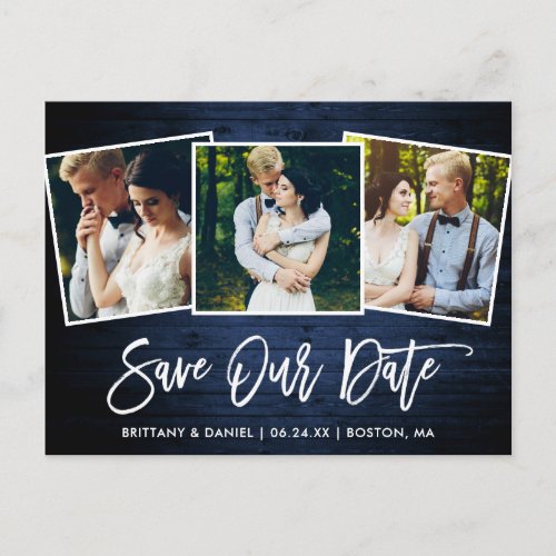 Brush Script Blue Wood Save Our Date 3 Photo Postcard