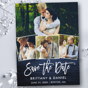 Brush Script Blue Wood Save The Date 4 Photo Postcard