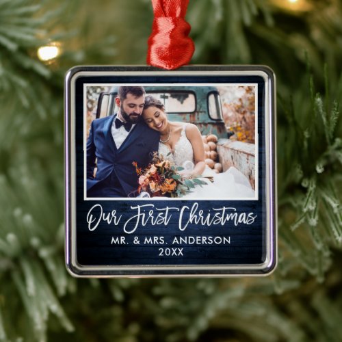 Brush Script Blue Wood Wedding Our First Christmas Metal Ornament
