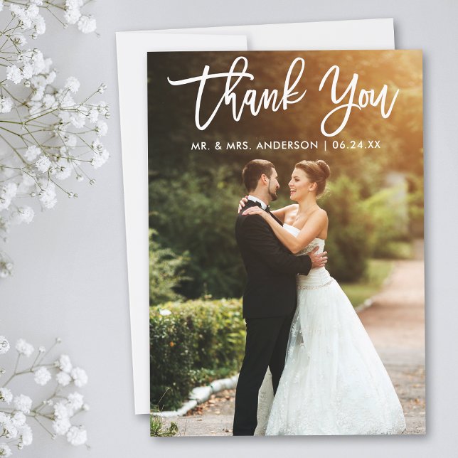 Brush Script Bride Groom Wedding Photo Thank You Card (Customize to add text or more photos to back of card.)