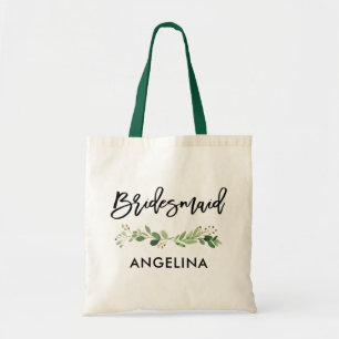 Brush Script Bridesmaid Botanical Greenery Tote Bag