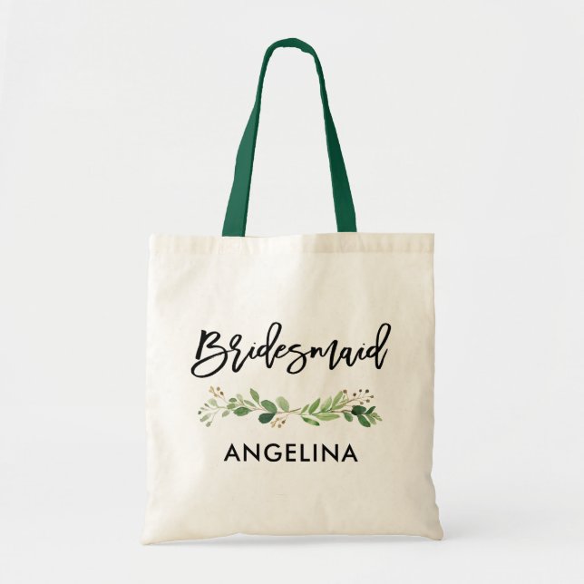 Brush Script Bridesmaid Botanical Greenery Tote Bag (Front)