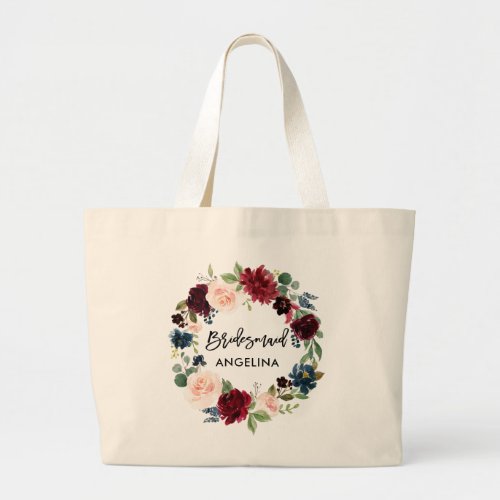 Brush Script Bridesmaid Burgundy Blue Floral Large Tote Bag