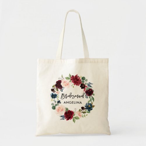 Brush Script Bridesmaid Burgundy Blue Floral Tote Bag