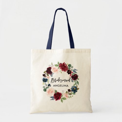 Brush Script Bridesmaid Burgundy Floral Blue Tote Bag