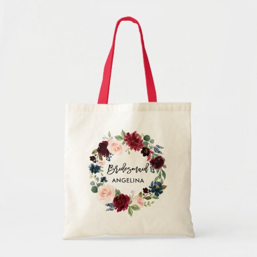 Brush Script Burgundy Blue Floral Bridesmaid Tote Bag