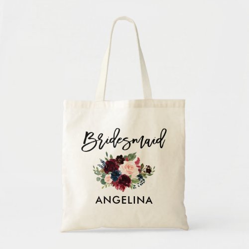 Brush Script Burgundy Blue Floral Bridesmaid Tote Bag