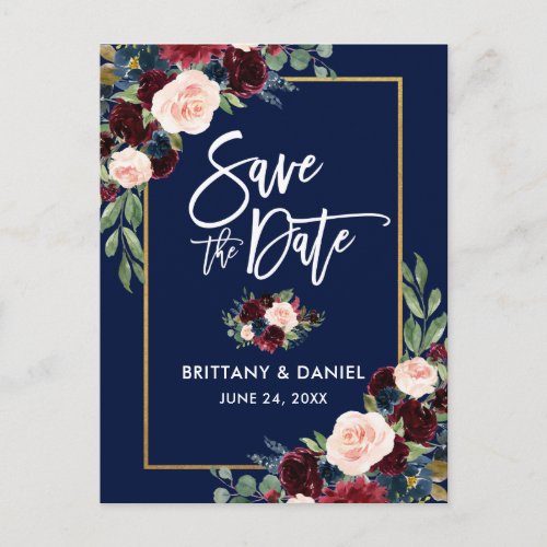 Brush Script Burgundy Blue Floral Save the Date Announcement Postcard